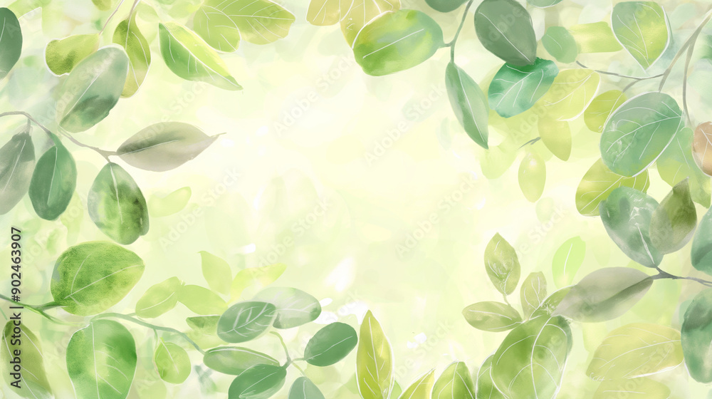 A beautifully painted frame of green leaves, predominantly in shades of green and a hint of yellow. The leaves vary in size and shape, with some appearing as simple ovals A beautifully painted frame of green leaves, predominantly in shades of green and a hint of yellow. The leaves vary in size and shape, with some appearing as simple ovals