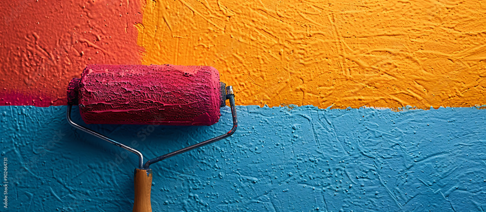 Obraz premium Close up of a colorful paint roller with copy space, suitable for home improvement, renovation, interior design projects, and DIY crafts.