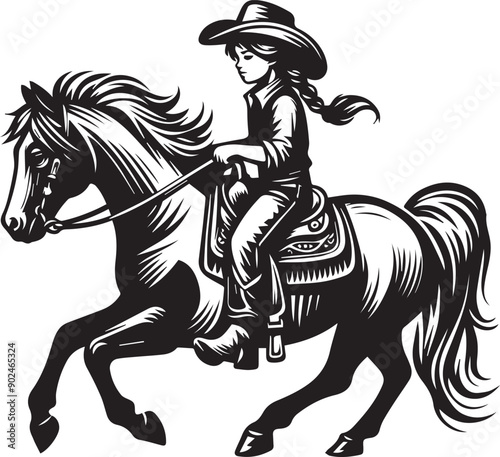 young cow girl riding horse Vector Illustration Silhouette