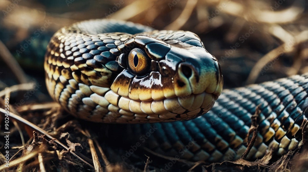 Closeup of a venomous snake with vibrant scales and a piercing gaze Closeup of a venomous snake with vibrant scales and a piercing gaze