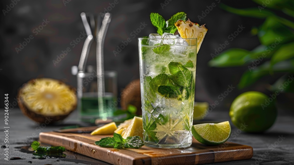 Coconut pineapple mojito cocktail artfully presented in a tall glass. Pineapple cocktail with ice tube. Coconut pineapple mojito cocktail artfully presented in a tall glass. Pineapple cocktail with ice tube.