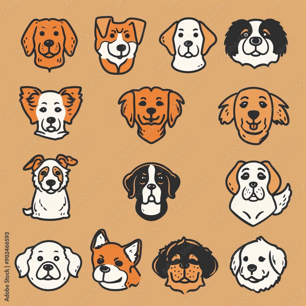 Obraz premium Dogs Doodle Set, Pet Animal Symbols, Hand Drawn Puppy Icons Silhouettes, Sketched Dog Character