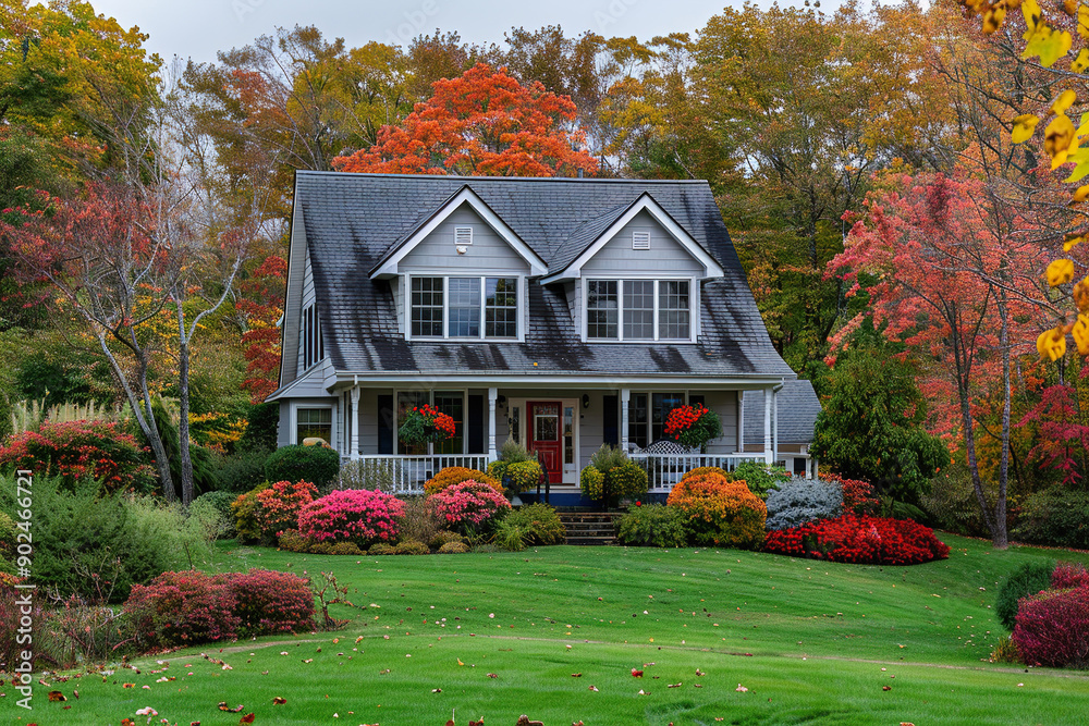 American style private house with a green lawn. Real estate, secondary housing. Generated by artificial intelligence American style private house with a green lawn. Real estate, secondary housing. Generated by artificial intelligence