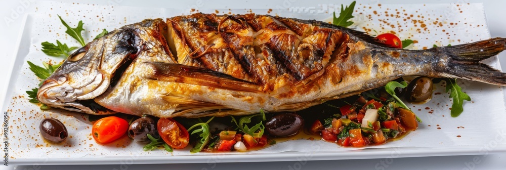 Dorado Baked with Tomato Salsa, Greens and Olives, Whole Grilled Sea Bream Fish on Rustic Paper Dorado Baked with Tomato Salsa, Greens and Olives, Whole Grilled Sea Bream Fish on Rustic Paper