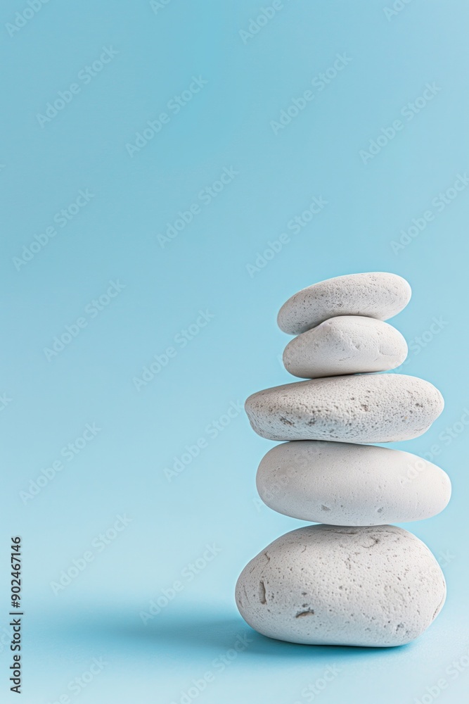 A carefully stacked pile of smooth white stones on a soft blue background, symbolizing balance, mindfulness, and tranquility. Perfect for wellness, meditation, and minimalist themes.