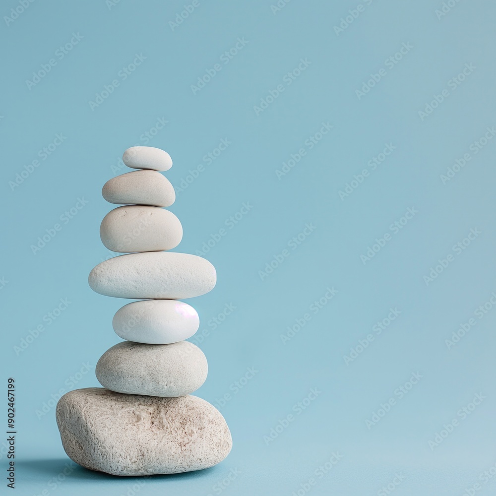 A carefully stacked pile of smooth white stones on a soft blue background, symbolizing balance, mindfulness, and tranquility. Perfect for wellness, meditation, and minimalist themes. A carefully stacked pile of smooth white stones on a soft blue background, symbolizing balance, mindfulness, and tranquility. Perfect for wellness, meditation, and minimalist themes.