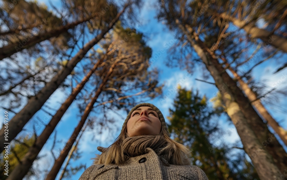 A woman wearing a coat and hat gazing up at tall pine trees in a forest, framed by a bright blue sky. Perfect for nature, adventure, and outdoor themes. A woman wearing a coat and hat gazing up at tall pine trees in a forest, framed by a bright blue sky. Perfect for nature, adventure, and outdoor themes.