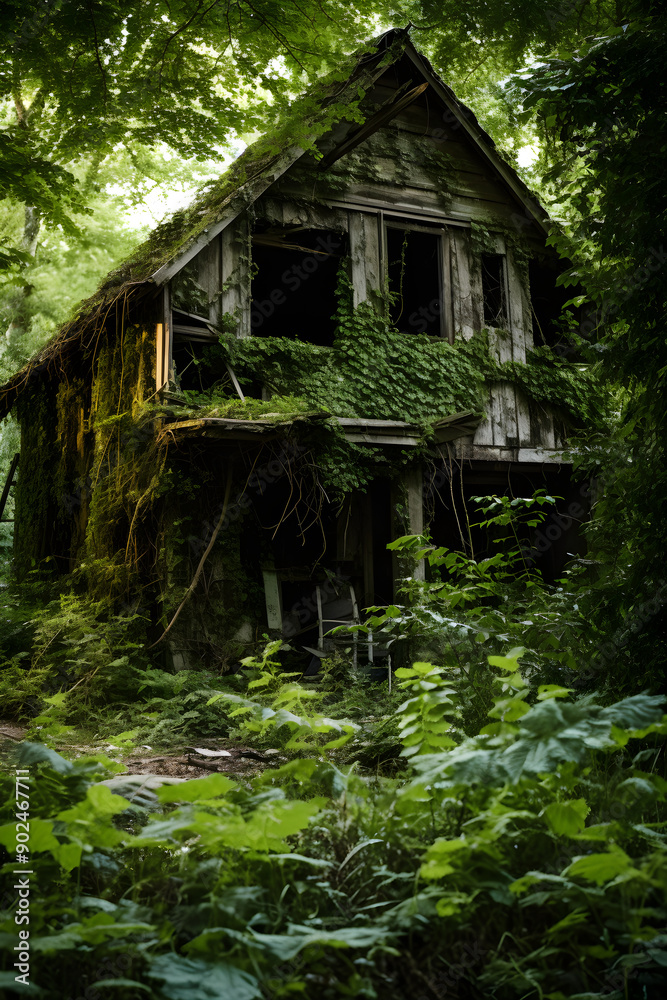 Nature's Reclaim: A Decayed Building in an Overgrown, Neglected Area with Stagnant Pond Nature's Reclaim: A Decayed Building in an Overgrown, Neglected Area with Stagnant Pond