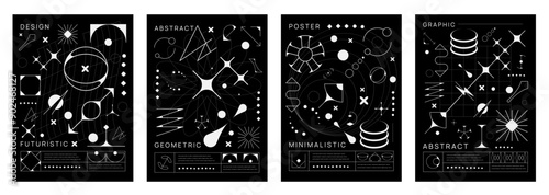 Retro brutal y2k posters with abstract geometric shapes and elements. Vector grid pattern, monochrome line stars, space planet globes and sun, aesthetic art figures and trendy futuristic graphic forms