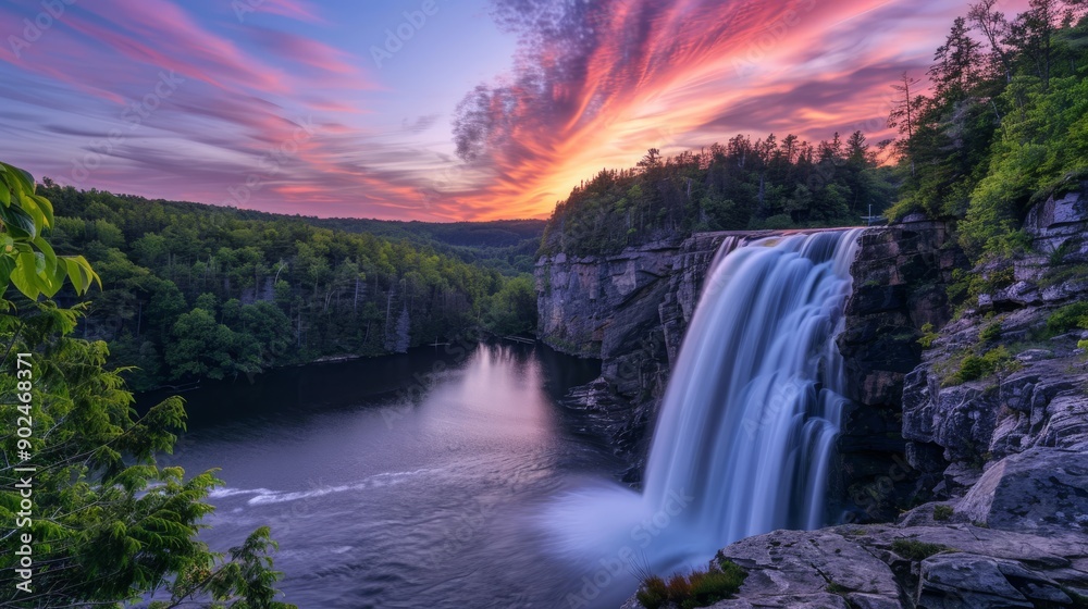 Fototapeta premium Beautiful sunset over a stunning waterfall flowing through a dense green forest, captured in vibrant colors.
