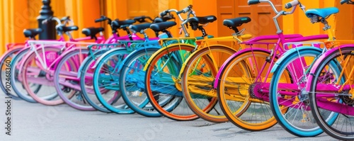 A vibrant collection of colorful bicycles arranged in a row against a bright backdrop, perfect for conveying joy and creativity. photo