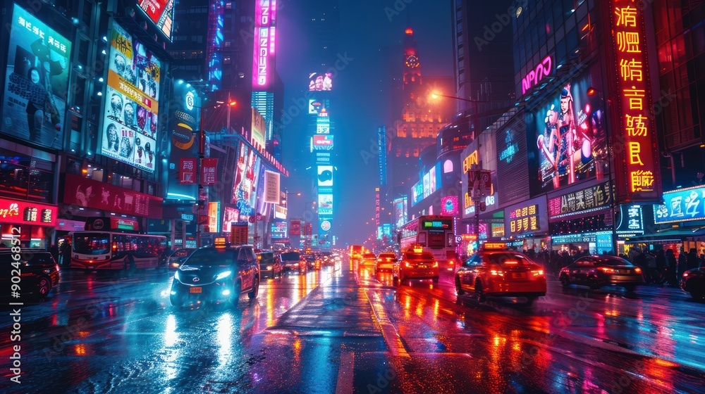 Obraz premium Night city with modern architecture and bright billboards