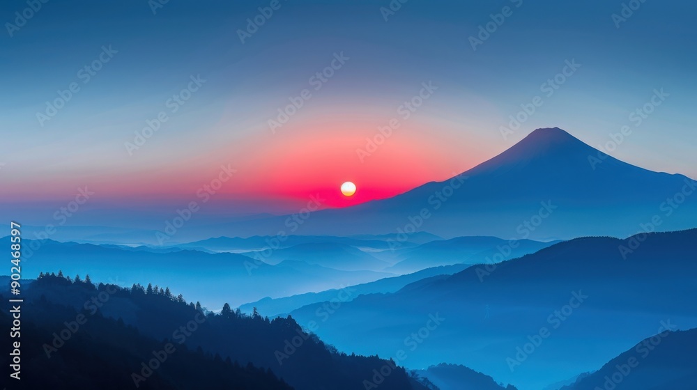 Breathtaking view of a mountain at sunrise, surrounded by mist and vibrant colors, capturing nature's serenity and beauty. Breathtaking view of a mountain at sunrise, surrounded by mist and vibrant colors, capturing nature's serenity and beauty.