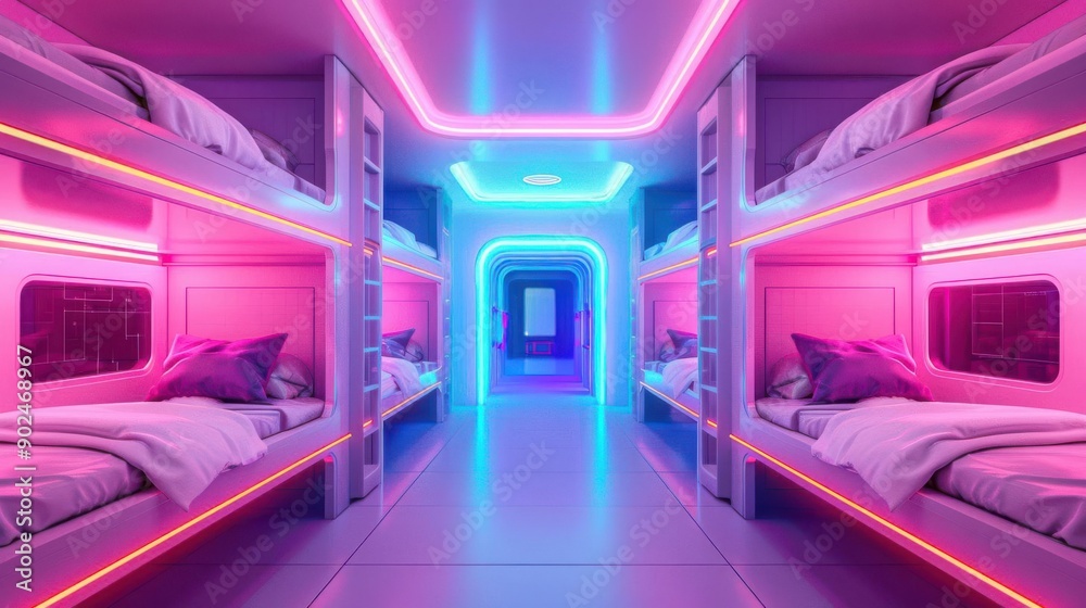 Futuristic dormitory interior with neon lights, featuring sleeping pods and modern design for unique accommodation experiences. Futuristic dormitory interior with neon lights, featuring sleeping pods and modern design for unique accommodation experiences.