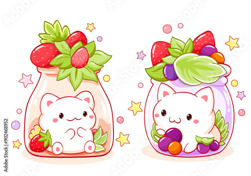 Cute tiny cat with berries in glass bottle. Set of cute animals. Kawaii kitty with strawberry. Fresh Beverage and Drink. Can be used for t-shirt print, sticker, greeting card. Vector illustration EPS8