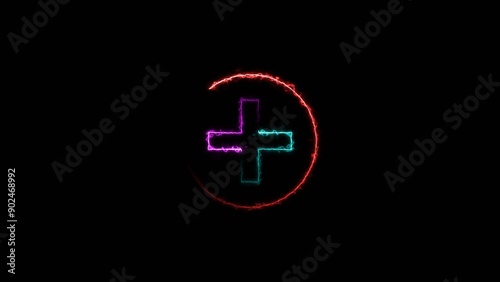  plus icon neon glowing cyan color 4k illustration and red circle 4k illustration. 