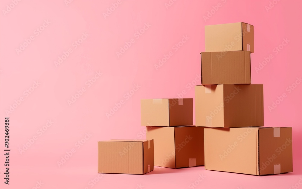 Obraz premium A stack of beige cardboard boxes is set against a pink background. Ideal for packaging, shipping, or minimalist design themes.