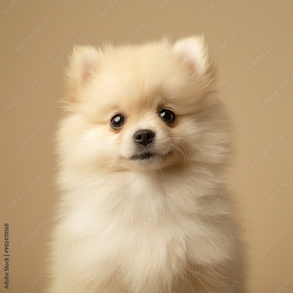 A close-up of a white Pomeranian puppy sitting against a warm beige background, emphasizing its fluffy fur and bright eyes. Perfect for pet, animal, or portrait themes. A close-up of a white Pomeranian puppy sitting against a warm beige background, emphasizing its fluffy fur and bright eyes. Perfect for pet, animal, or portrait themes.