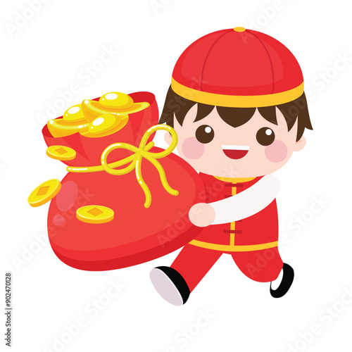 Cute boy bring huge red packet filled with coins and gold ingot for Chinese new year