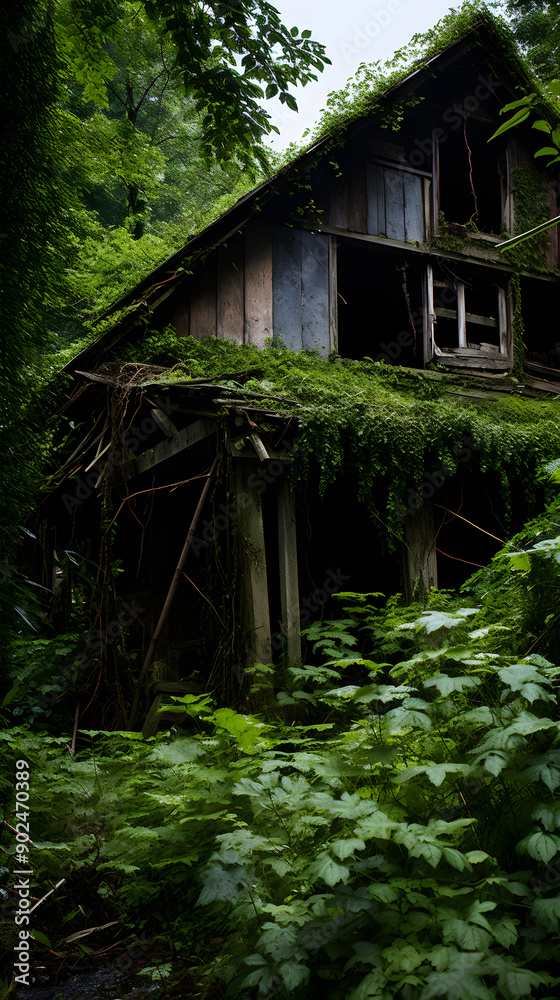 Nature's Reclaim: A Decayed Building in an Overgrown, Neglected Area with Stagnant Pond Nature's Reclaim: A Decayed Building in an Overgrown, Neglected Area with Stagnant Pond
