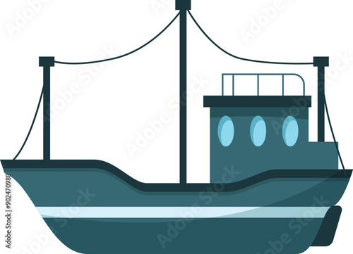 Fishing trawler sailing on water with cabin and masts