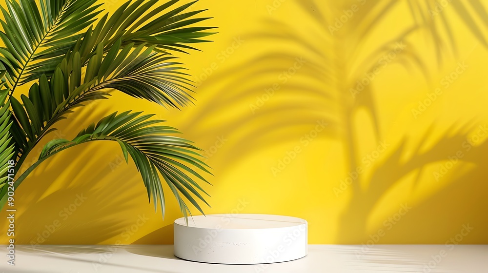 Tropical Product Display with Palm Leaves and White Platform Tropical Product Display with Palm Leaves and White Platform