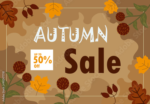 Autum sale leaves collection pattern Vector.Discount 50%.Special offer sale template.