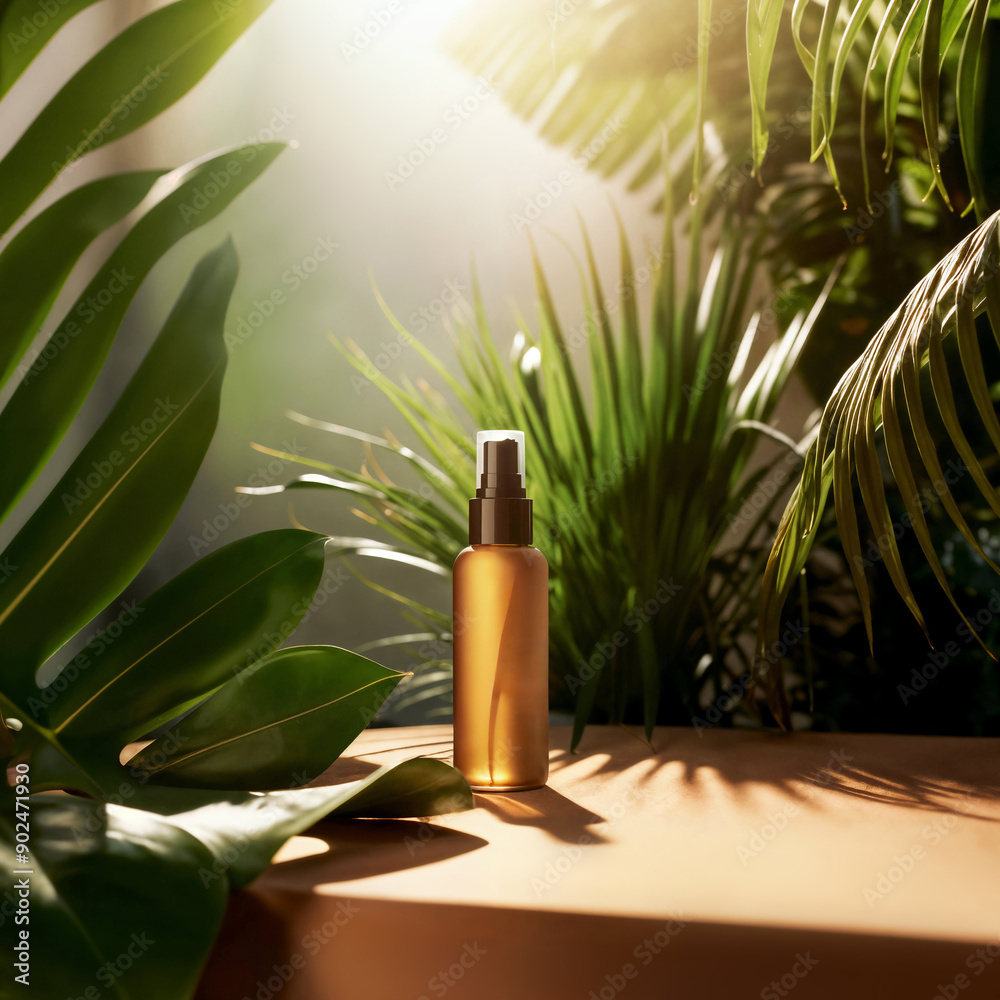 Cosmetic bottle with dispenser on table near tropical plants in bathroom
Cosmetic bottle with dispenser on table near tropical plants in bathroom