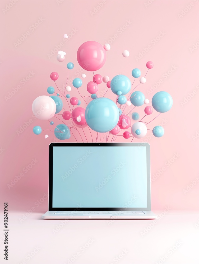 Minimalist digital background with laptop and online advertising visuals, highlighting strategies Minimalist digital background with laptop and online advertising visuals, highlighting strategies