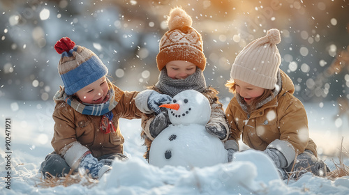 Two adorable little children, boys and girl, making snowman in winter park photo