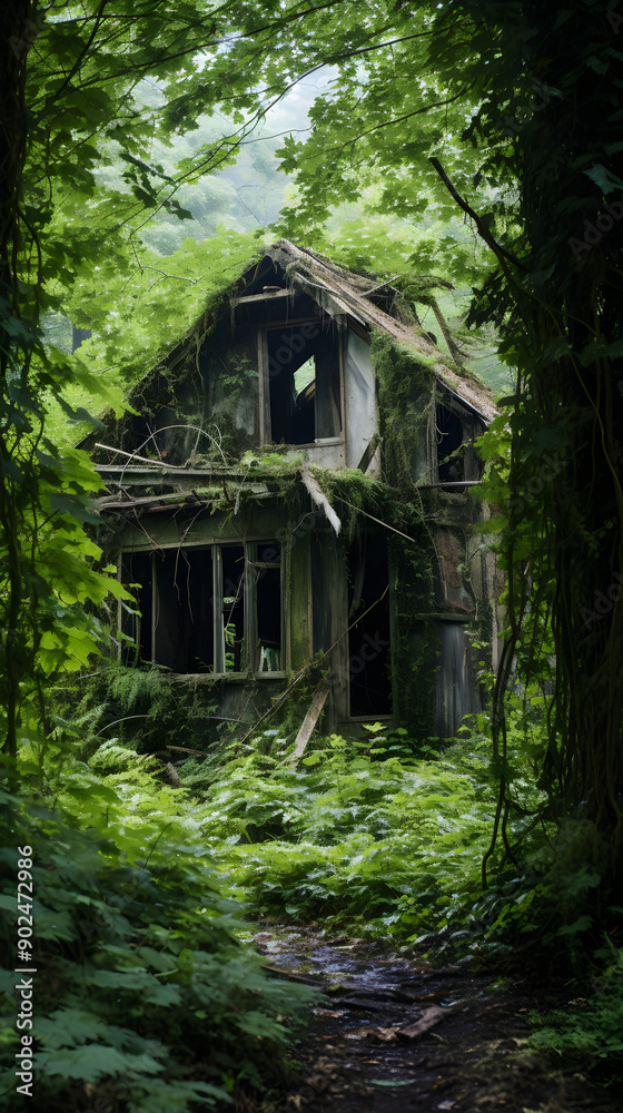 Nature's Reclaim: A Decayed Building in an Overgrown, Neglected Area with Stagnant Pond Nature's Reclaim: A Decayed Building in an Overgrown, Neglected Area with Stagnant Pond