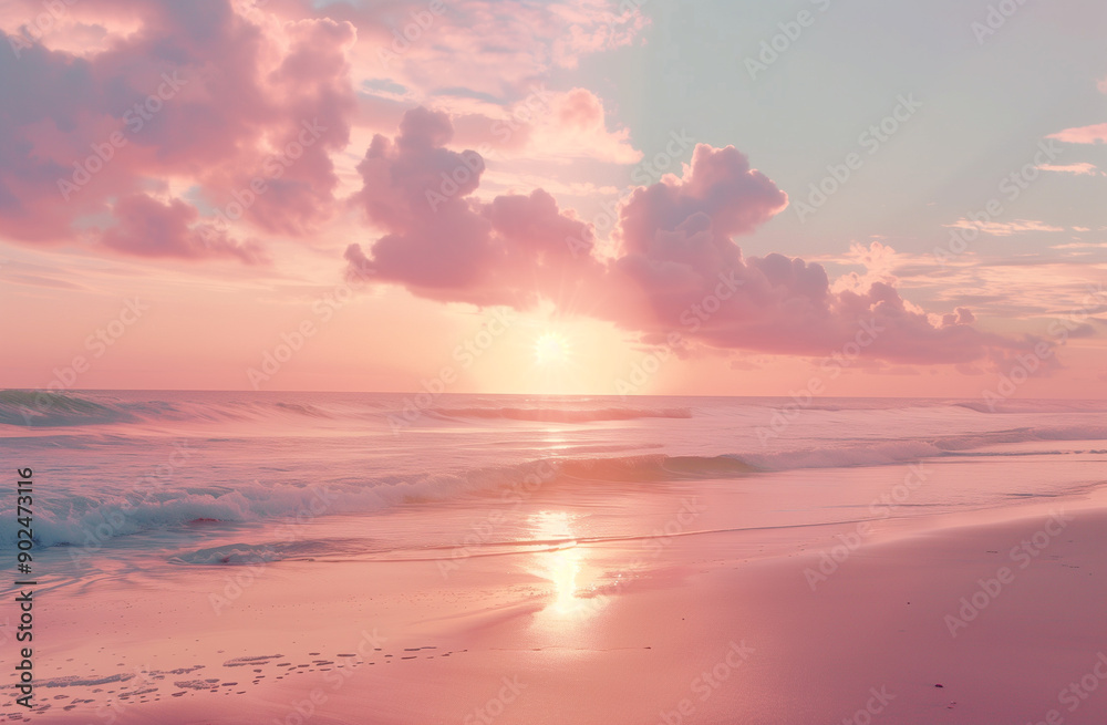 Beautiful sunset over the ocean with clouds in pastel colors on a sandy beach