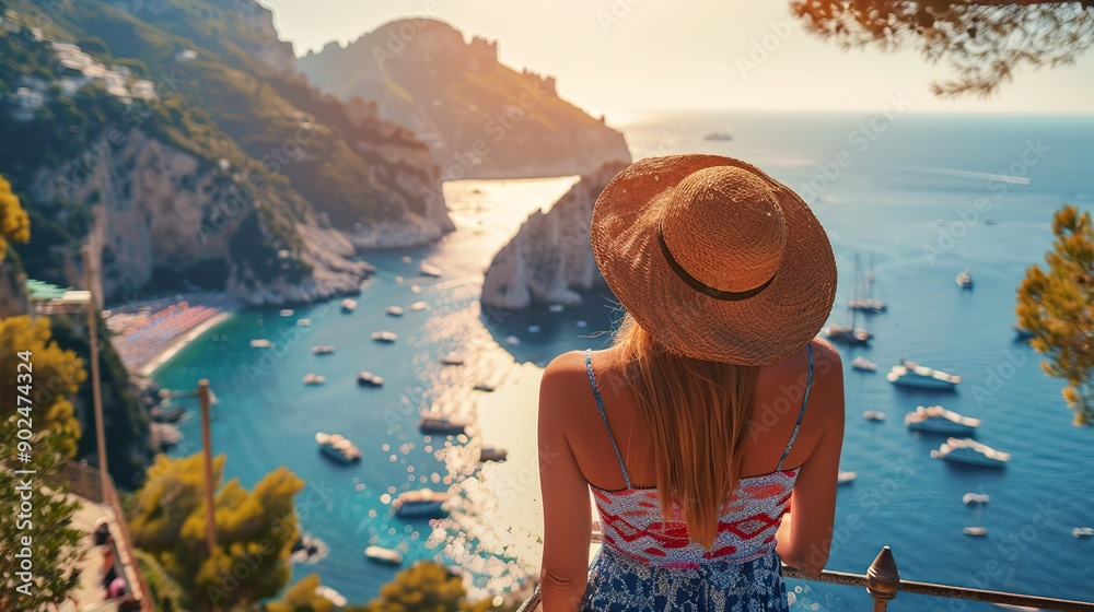 Fototapeta premium Europe Italy Capri travel vacation. Woman looking at view on famous travel destination. copy space for text.
