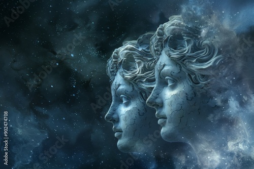 Gemini Zodiac Sign, Horoscope Symbol, Magic Astrology Twins, Gemini in Fantastic Night Sky © artemstepanov