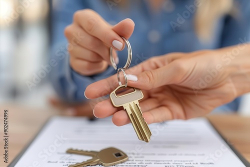 Real estate agent handing over house keys with signed contract in background, Finance, property deal completion