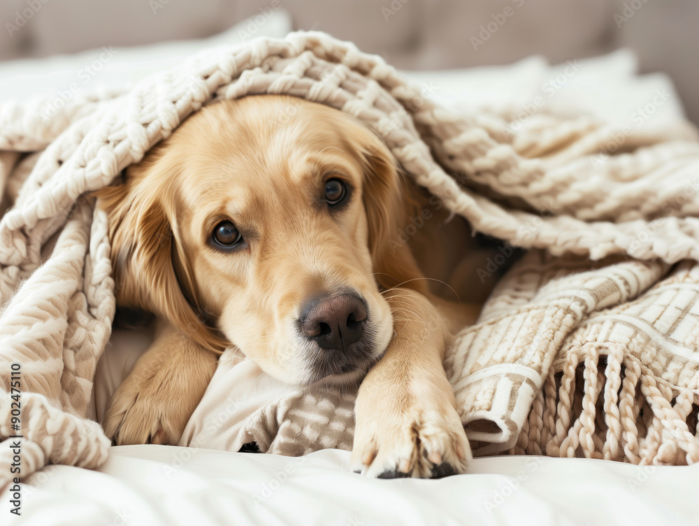 Golden Retriever puppy hiding underneath a blanket in the white bed. Close - up shot. Dog covered with warm plaid at home. Concept of heating season