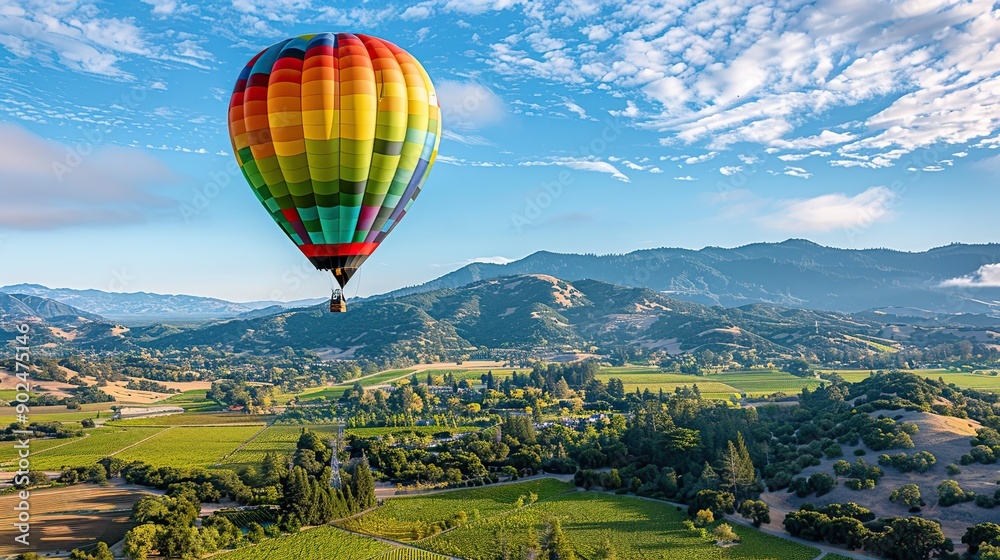 Fototapeta premium Hot Air Balloon Ride Over Beautiful Napa Valley, California, United States Banner. copy space for text.