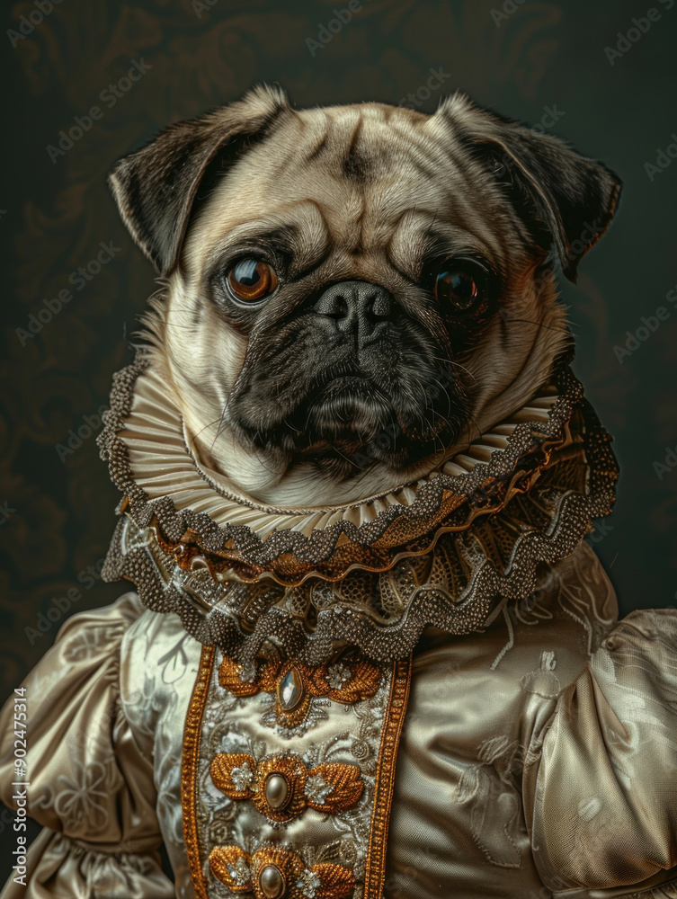 Female Pug dog dressed in a fancy, luxurious Queen dress outfit. Royal Portrait of Pug dog. Victorian dress decor suit for wall art, printing design
