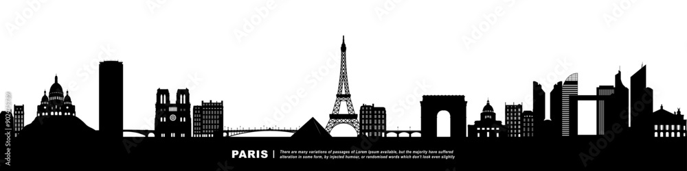 Panoramic View of Downtown Paris Skyline. Paris city black silhouette skyscrapers and buildings. Long cityscape.