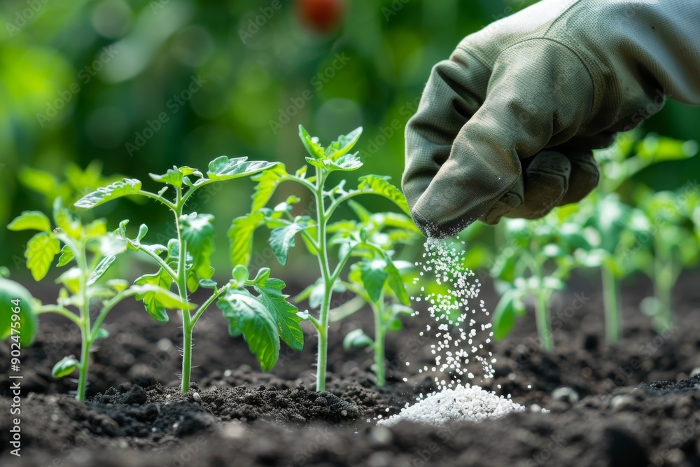 Giving granulated fertilizer, Hand in glove closeup, excess fertilizers, a lot of nitrates, excess pesticides