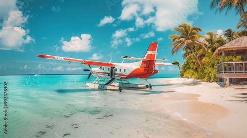 Fototapeta Naklejka Na Ścianę i Meble -  Seaplane at tropical beach resort. Luxury summer travel destination with seaplane in sunny paradise islands. Exotic vacation or holiday transportation, Maldives Ari Atoll.