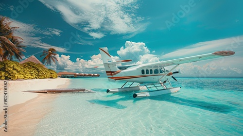 Fototapeta Naklejka Na Ścianę i Meble -  Seaplane at tropical beach resort. Luxury summer travel destination with seaplane in sunny paradise islands. Exotic vacation or holiday transportation, Maldives Ari Atoll.