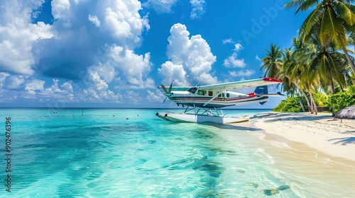 Fototapeta Naklejka Na Ścianę i Meble -  Seaplane at tropical beach resort. Luxury summer travel destination with seaplane in sunny paradise islands. Exotic vacation or holiday transportation, Maldives Ari Atoll.