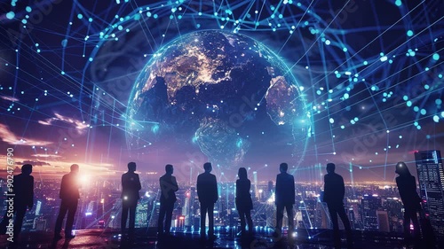 Business background. Business teams working together on global networks and connectivity. Digital world with glowing hologram earths in the city. International business communication with digital tech