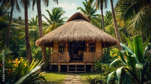 Tropical Thatched Roof Hut Nestled in Lush Green Jungle Paradise