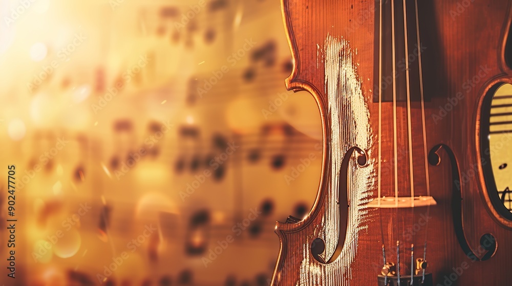 Fototapeta premium Elegant Violin with Musical Notes in the Background. Classical Music and Artistic Expression.