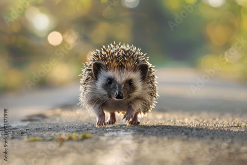 A hedgehog walking towards the camera on a paved path
