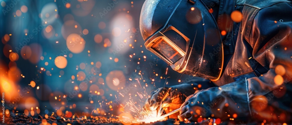 Welder at Work with Sparks Flying. Generative ai. Welder at Work with Sparks Flying. Generative ai.