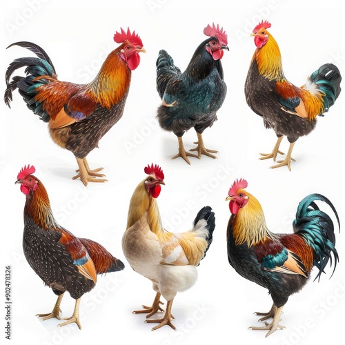 Color hens, different hens and roosters set isolated, chickens on white background