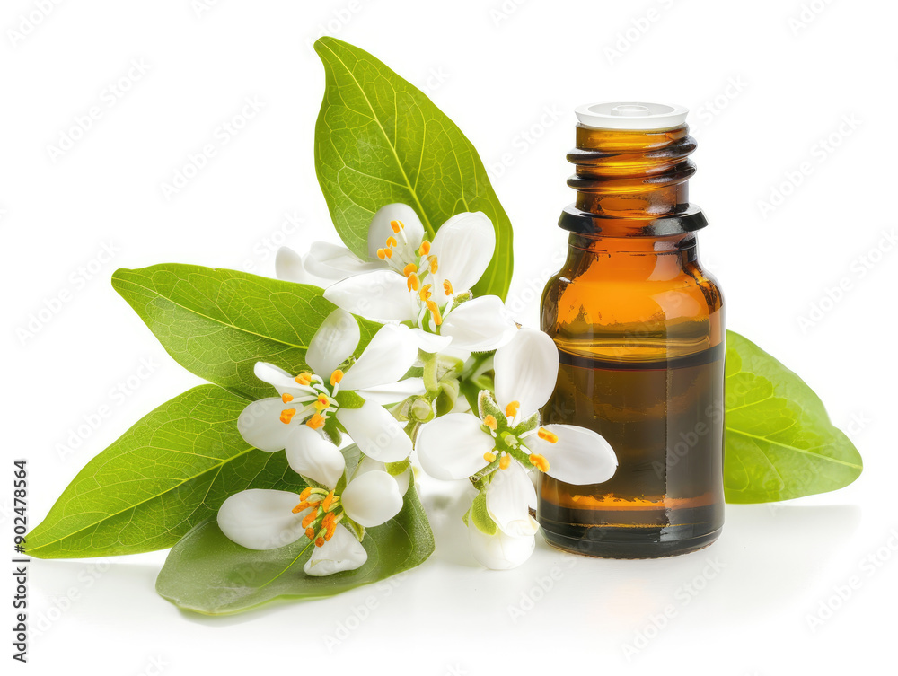 Elegant Neroli Essential Oil on White Background, Floral Essence Elegant Neroli Essential Oil on White Background, Floral Essence